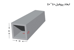 سطح مقطع لوله پروفیلی با ضلع 40 و قطر 2 میلیمتر