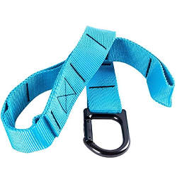 بند برزنتی آبی با دوخت ضربدری مشکی در اتصالات و دارای کارابین فلزی مشکی